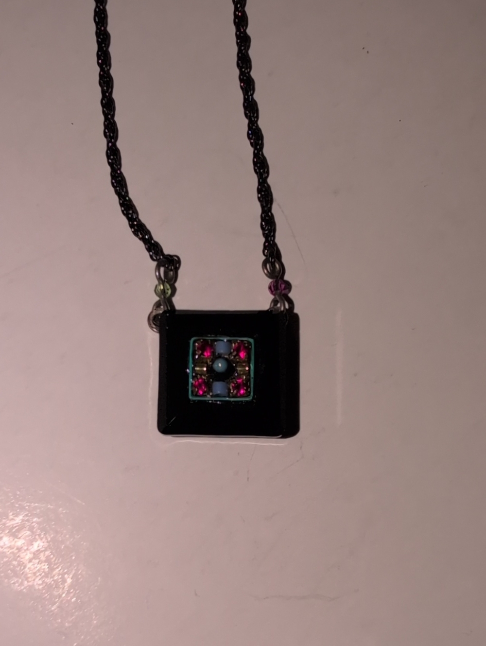 Firefly Swarovski Black Square Pendant Necklace with Pink and Blue Accents